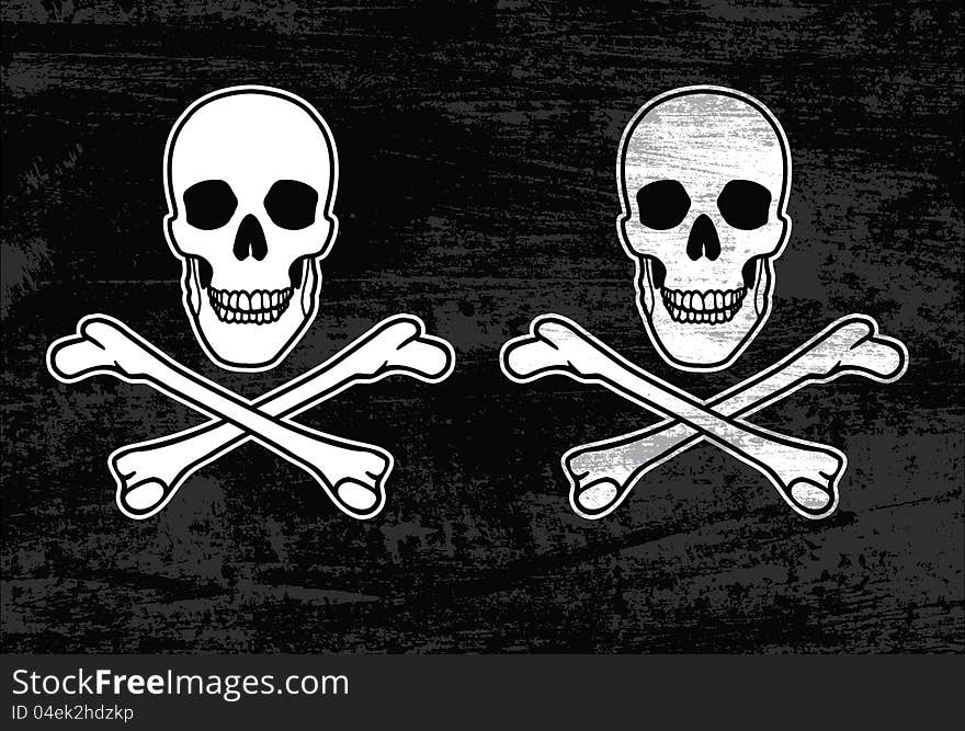 Two versions of a skull and bones illustration (Jolly Roger)