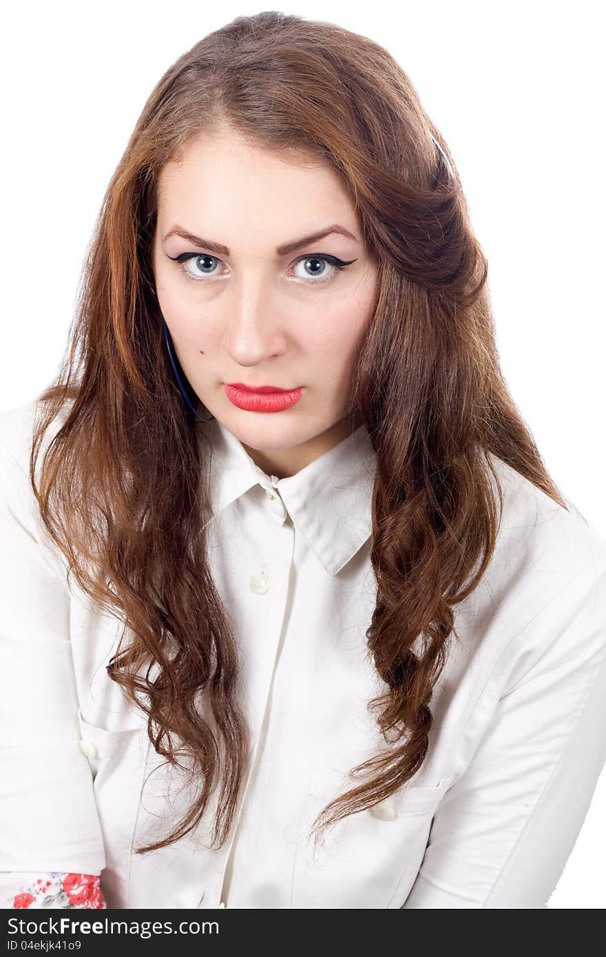 Beautiful girl with red lipstick retro isolated on white background. Beautiful girl with red lipstick retro isolated on white background