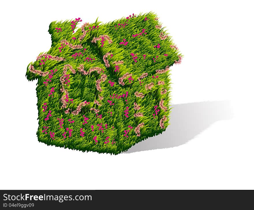 Illustration of green grass house with flowers on white background. Illustration of green grass house with flowers on white background