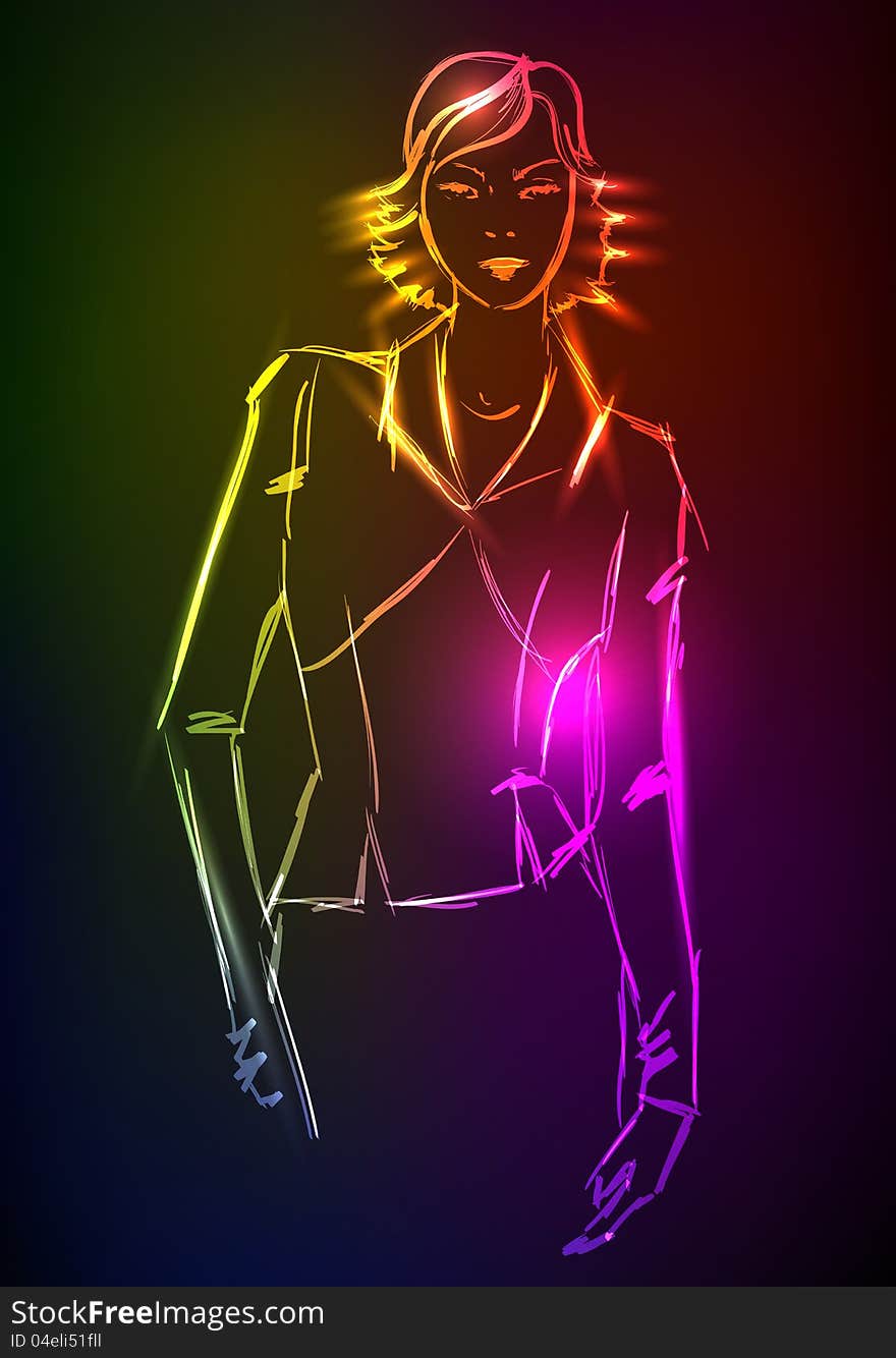 Hand-drawn fashion model from a neon. A light girl