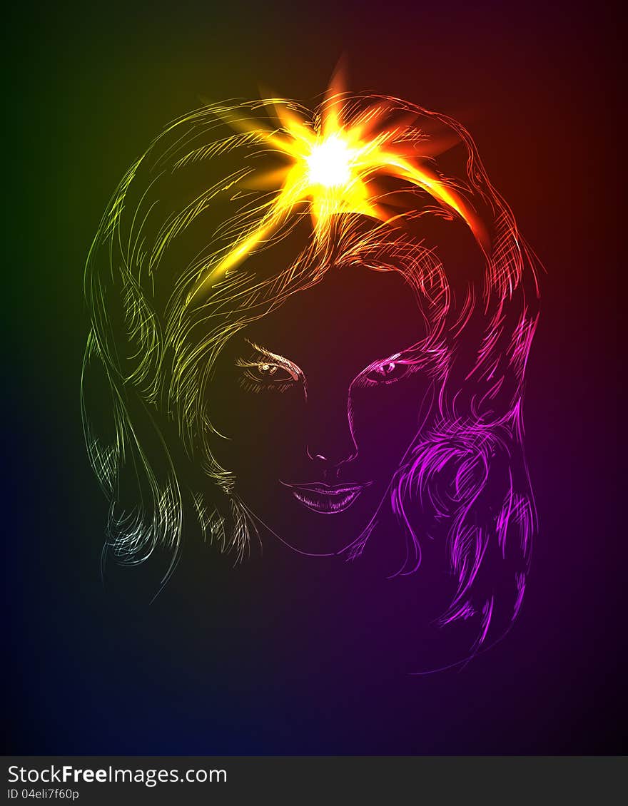 Hand-drawn fashion model from a neon.  A light girl face