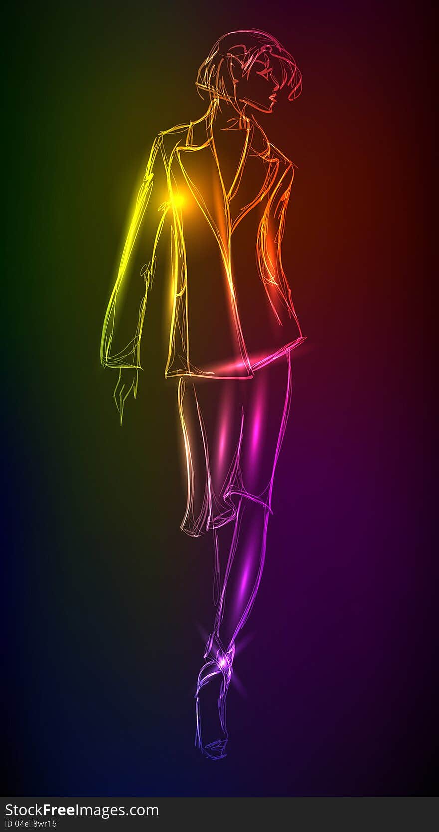 Hand-drawn fashion model from a neon. A light girl