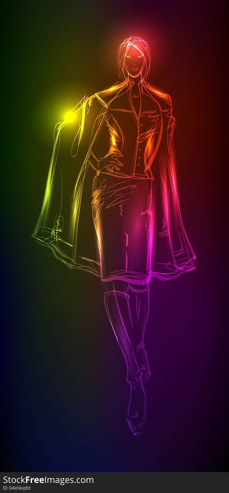 Hand-drawn fashion model from a neon. A light girl