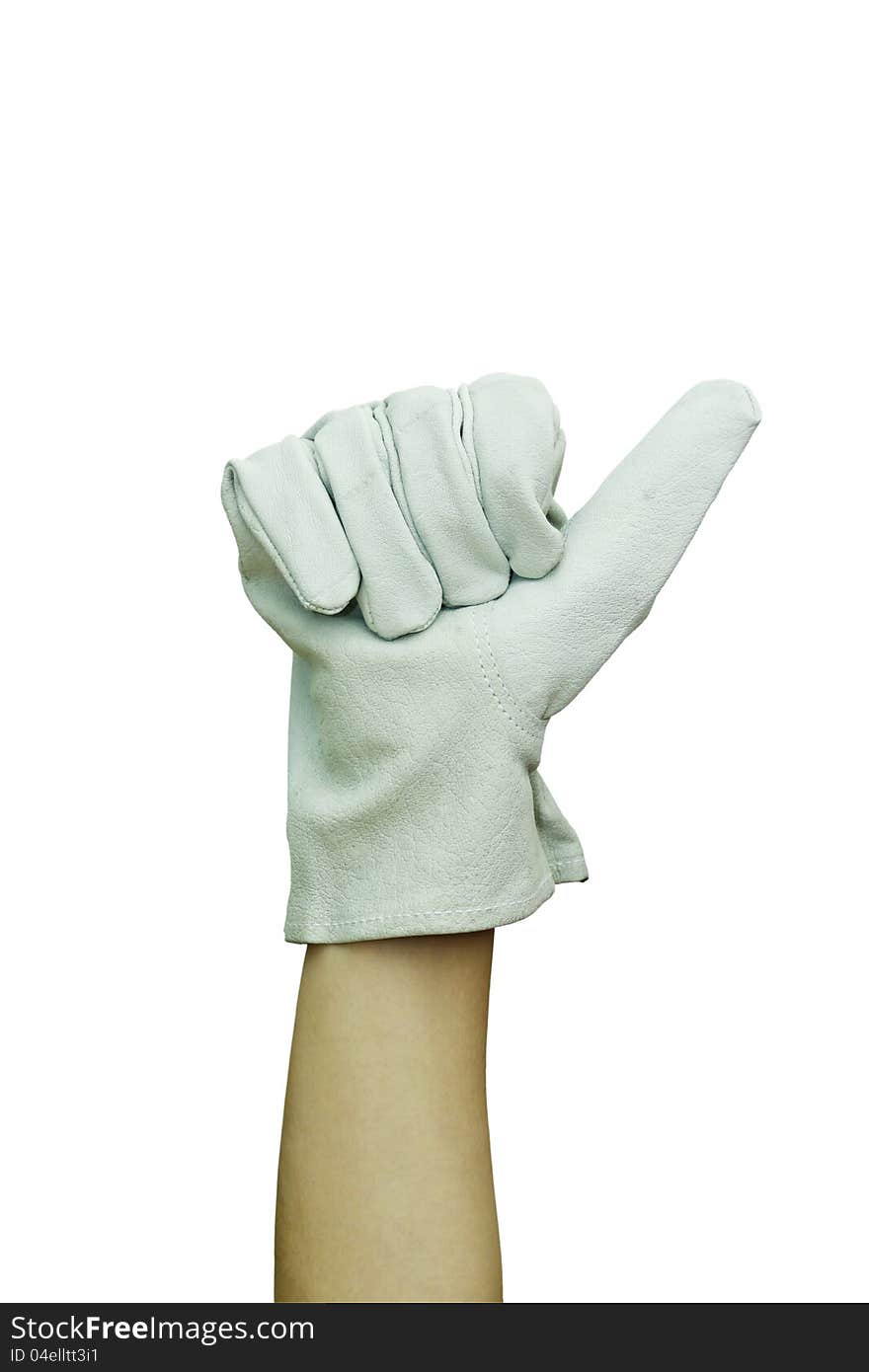 Worker Wearing Leather Work Glove Giving the Thumbs Up Sign Isolated on white background.