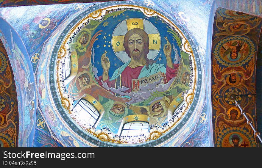 Detail of the ceiling of the church, decorated wit