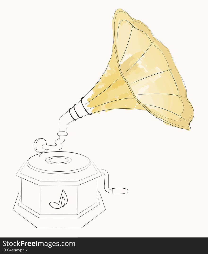 Outline of an antique gramophone, painted with watercolor effect.