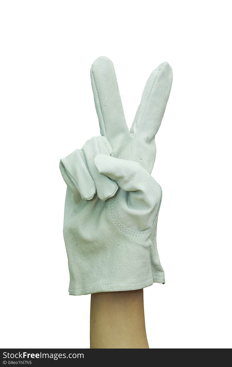 Hand with work glove making victory sign Isolated on white background.