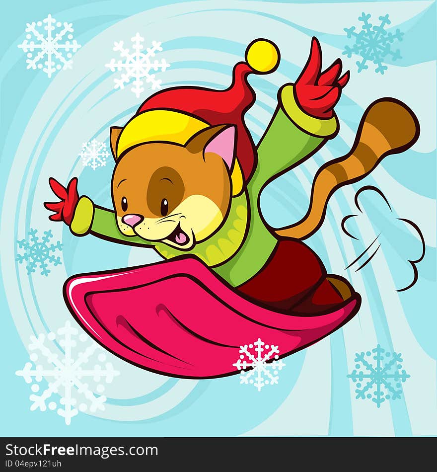 Cat Cartoon Bobsledding