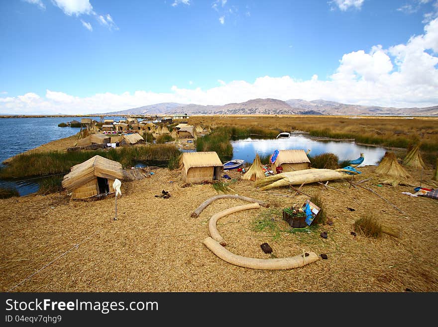 Floating Uros Island on Titicaca Lake, Peru