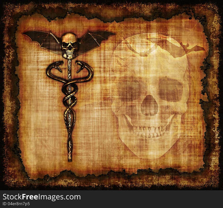 An aged grunge parchment featuring snakes, skulls and bats - 3D renders with digital painting. An aged grunge parchment featuring snakes, skulls and bats - 3D renders with digital painting.