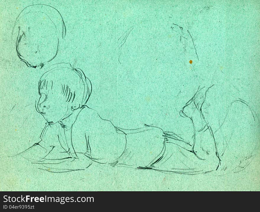 A small child - a boy, rather, on a green vintage paper. Hand drawing pencil.