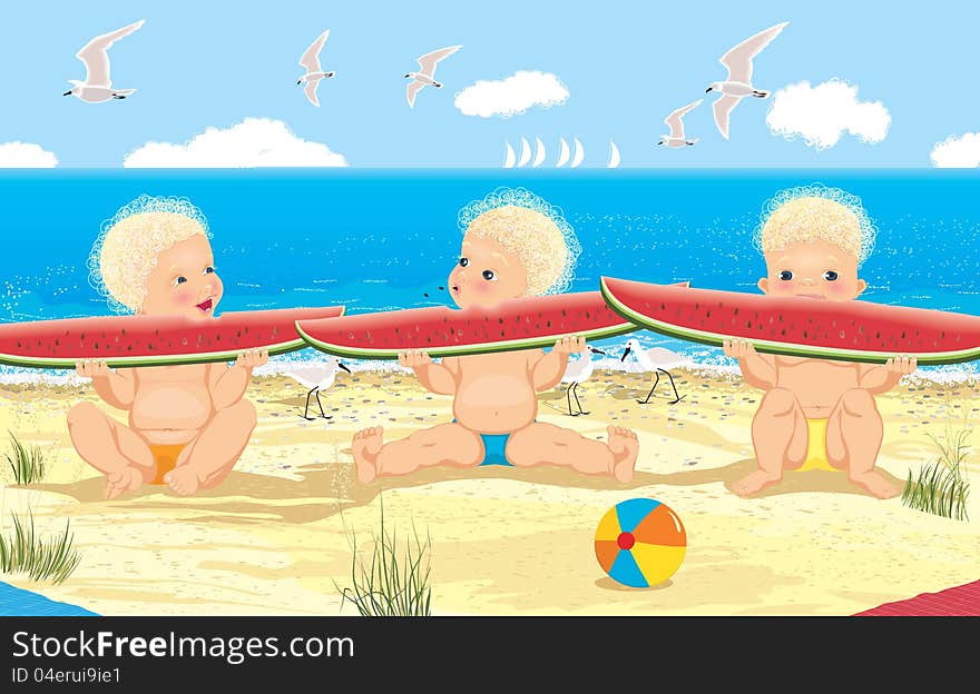 Vector illustration of happy children eating watermelon on the beach. Vector illustration of happy children eating watermelon on the beach