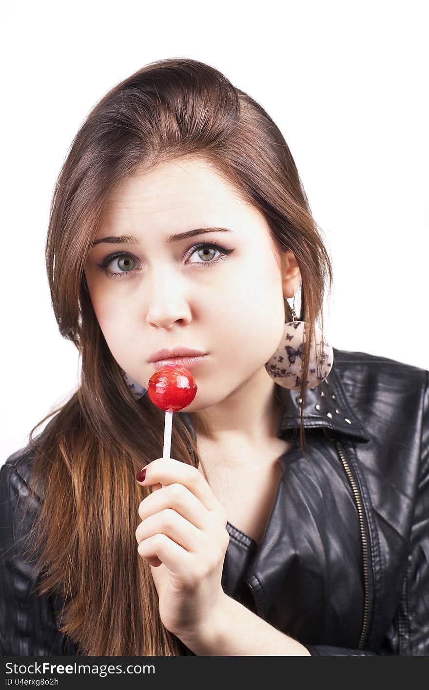 Licking lollipop woman on white background