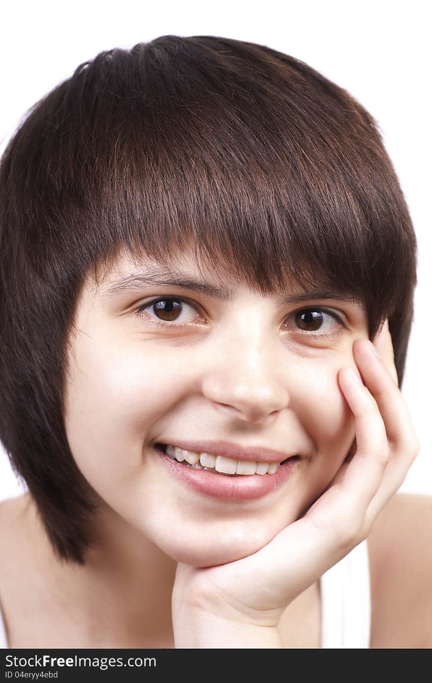 Close up portrait of happy young woman isolated over white