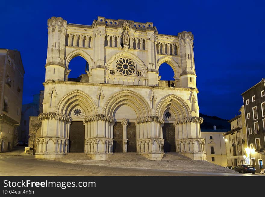 View of the Gothic cathedral of Cuenca, in Spain, at night. View of the Gothic cathedral of Cuenca, in Spain, at night