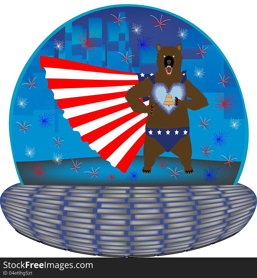 Grizzly super hero in a magic 4th July globe