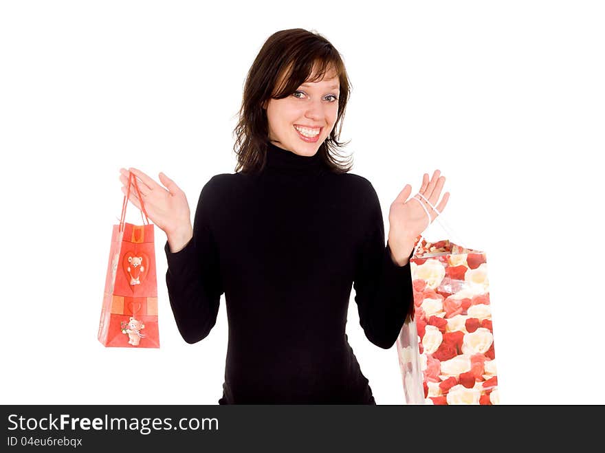 Pregnant girl holds packages, isolated on white background