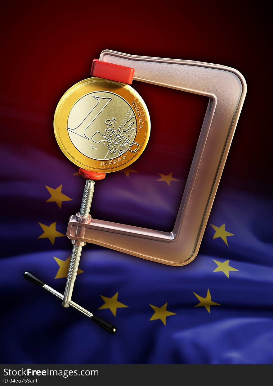 Euro coin held by a clamp with an european community flag on background. Digital illustration. Euro coin held by a clamp with an european community flag on background. Digital illustration.