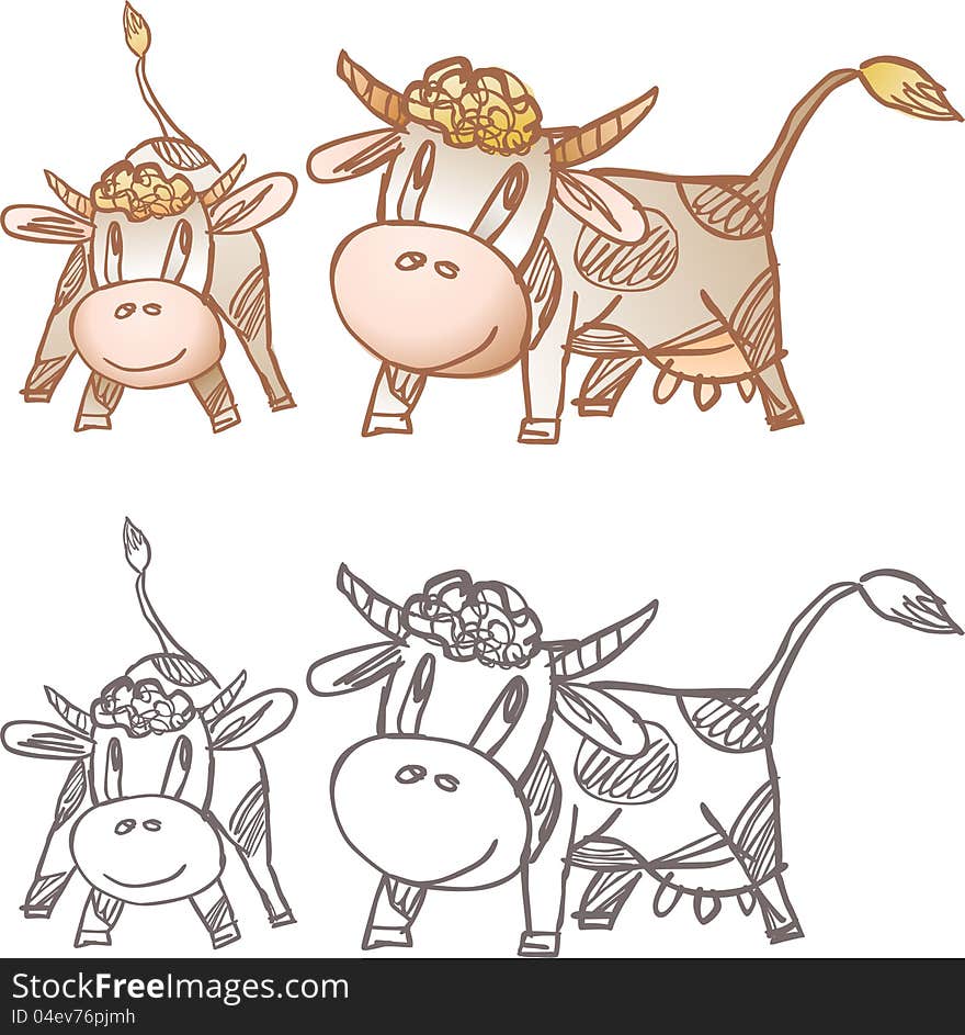 The vector drawing of a cow in style of a sketch.