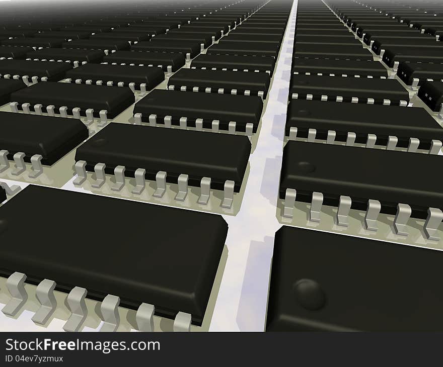 3d render of an array of SOIC 16N electronic components stretching to horizon. 3d render of an array of SOIC 16N electronic components stretching to horizon