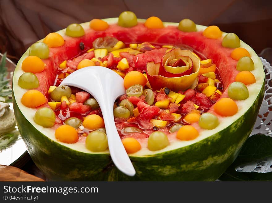 Watermelon juice with grapes and pineapple.