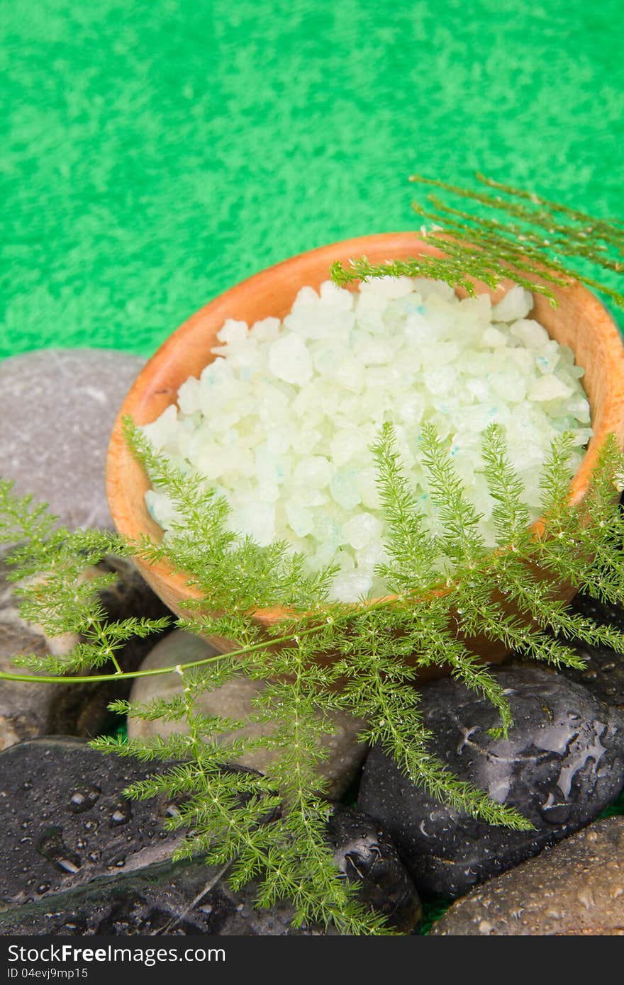 Bath salt and a smooth sea stones. Bath salt and a smooth sea stones