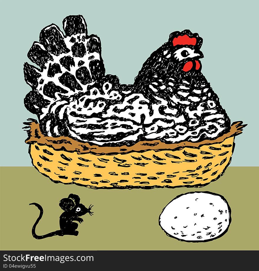 Vector image of a hen in the basket, of egg and mouse. Vector image of a hen in the basket, of egg and mouse.