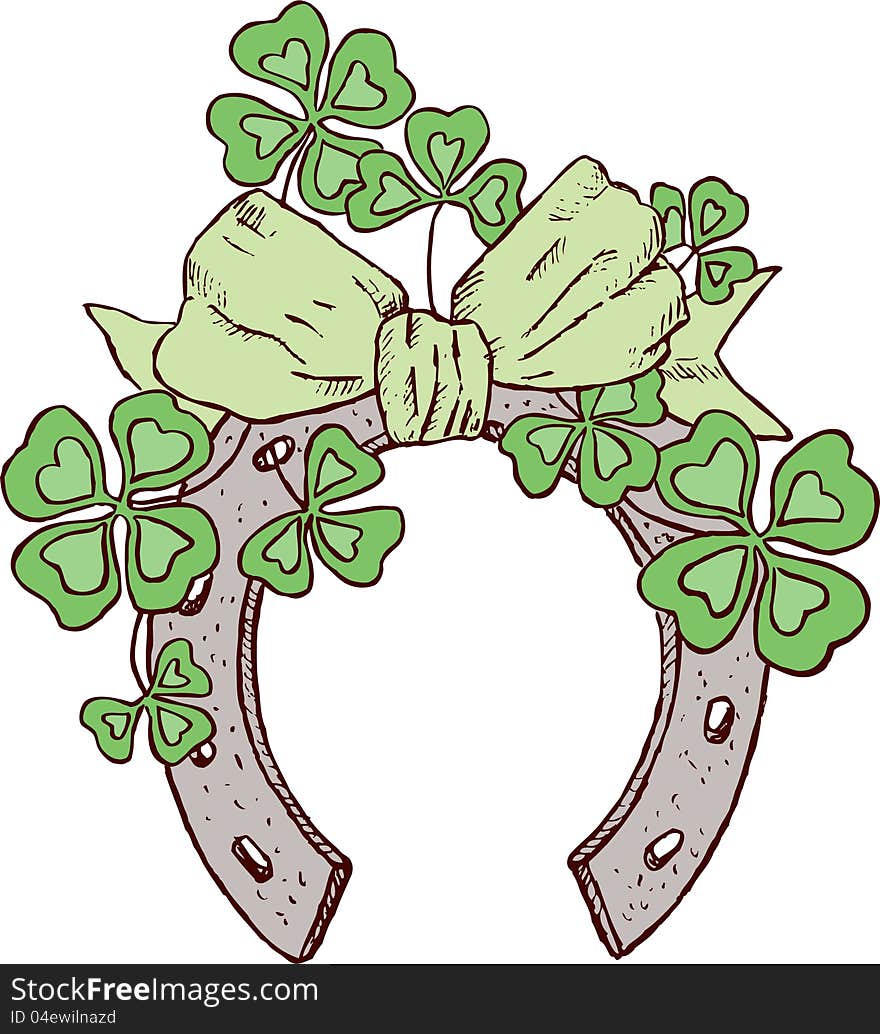 Vector drawing of a horseshoe with a bow and shamrock. Vector drawing of a horseshoe with a bow and shamrock.