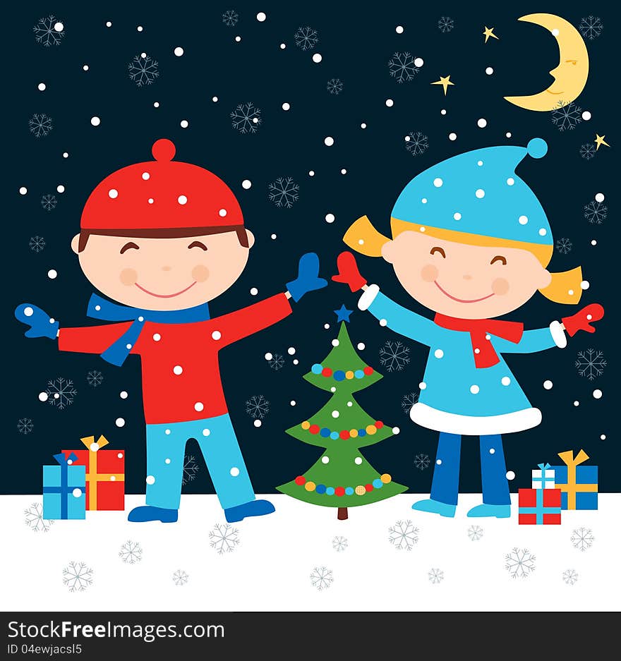 Vector image of two children at a Christmas tree on New Year's night. Vector image of two children at a Christmas tree on New Year's night.