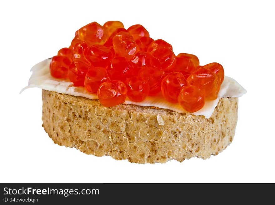 Red caviar sandwich isolated over white background