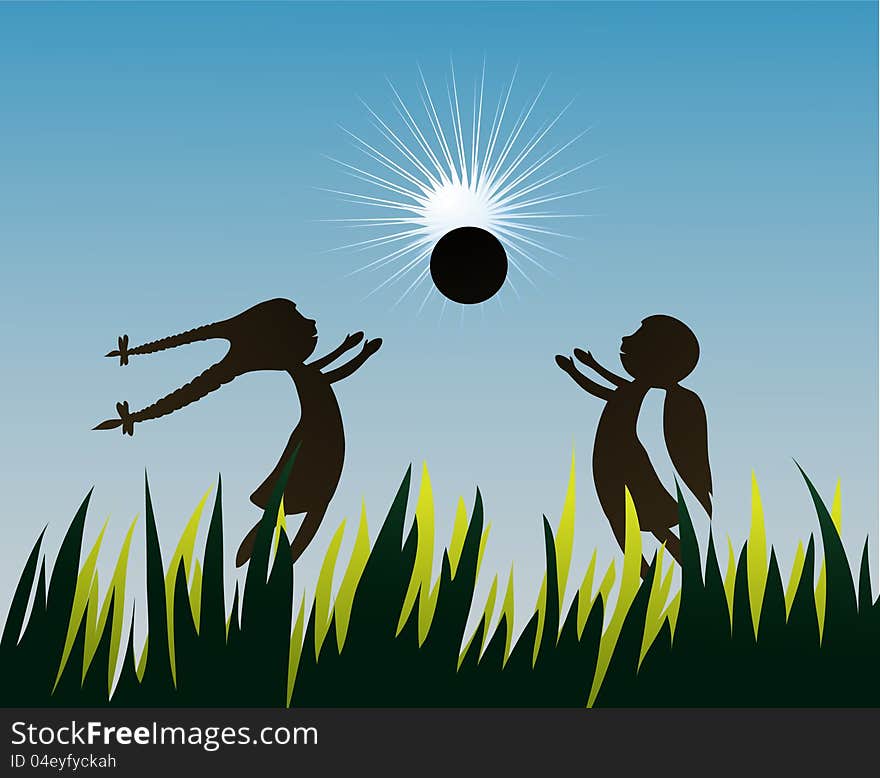 Silhouette of girls playing outdoors. Silhouette of girls playing outdoors