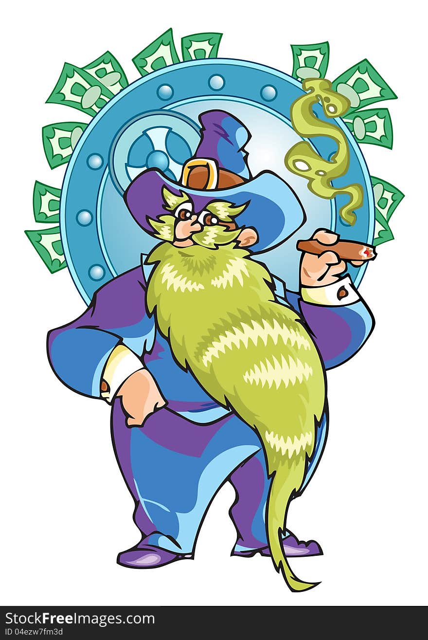 The illustration shows the tycoon in a cartoon style. This is a fat man with a beard, wearing his hat and he smokes a cigar. He stands against the backdrop of a safe with money bills. The illustration shows the tycoon in a cartoon style. This is a fat man with a beard, wearing his hat and he smokes a cigar. He stands against the backdrop of a safe with money bills.