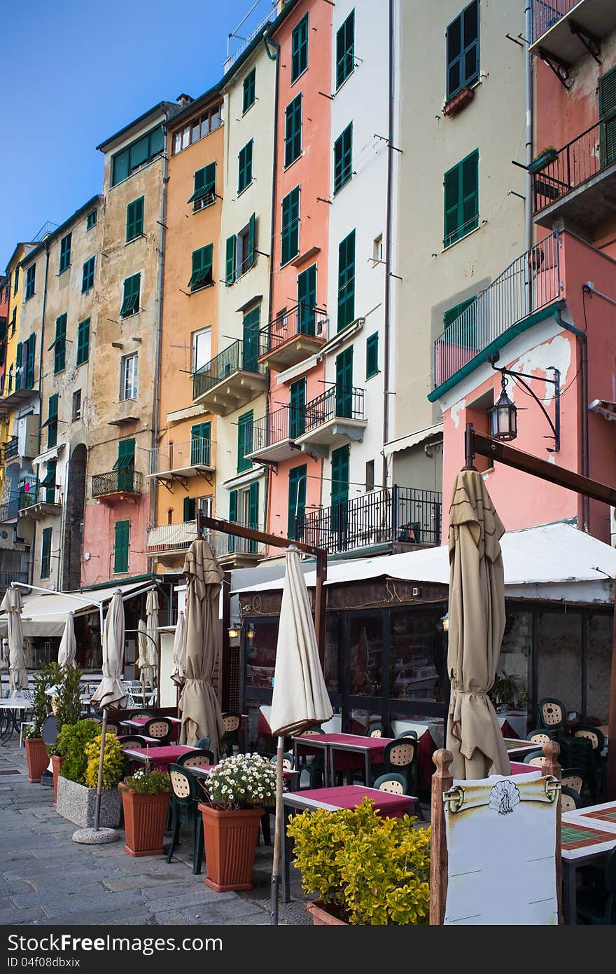 The colorful seafront of Portovenere, Italy with the seafood restaurants overlooking the marina