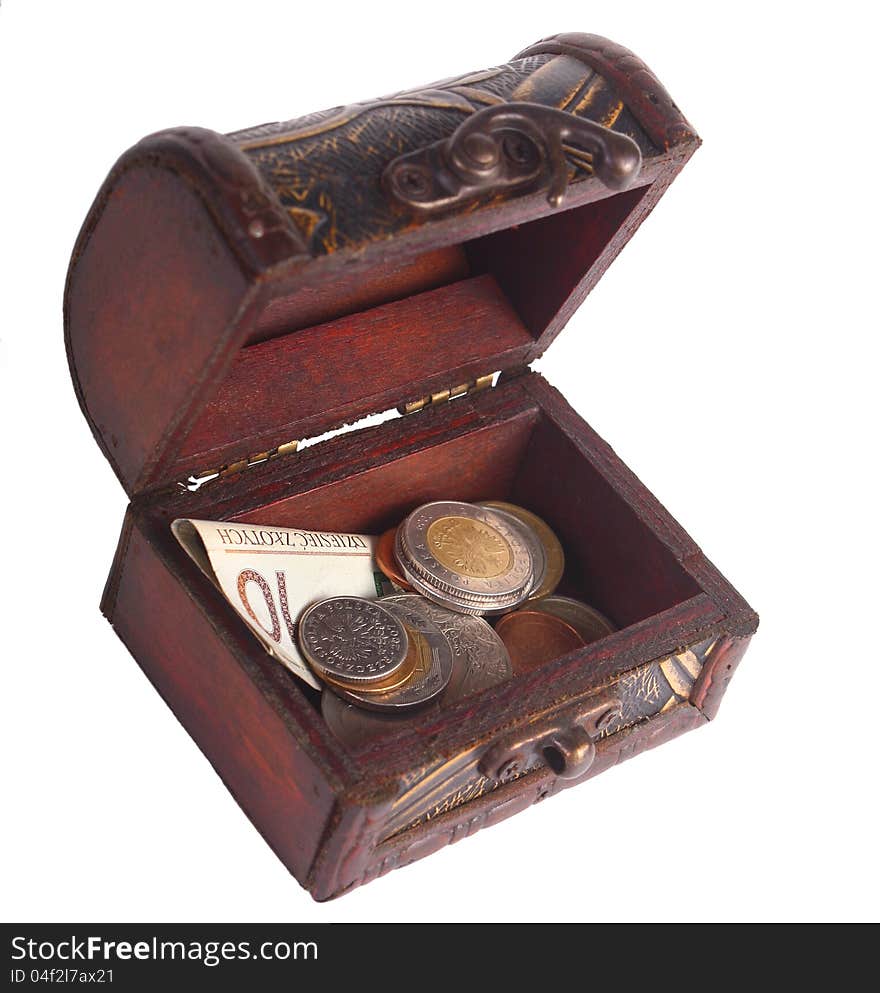 Chest with coins isolated white background