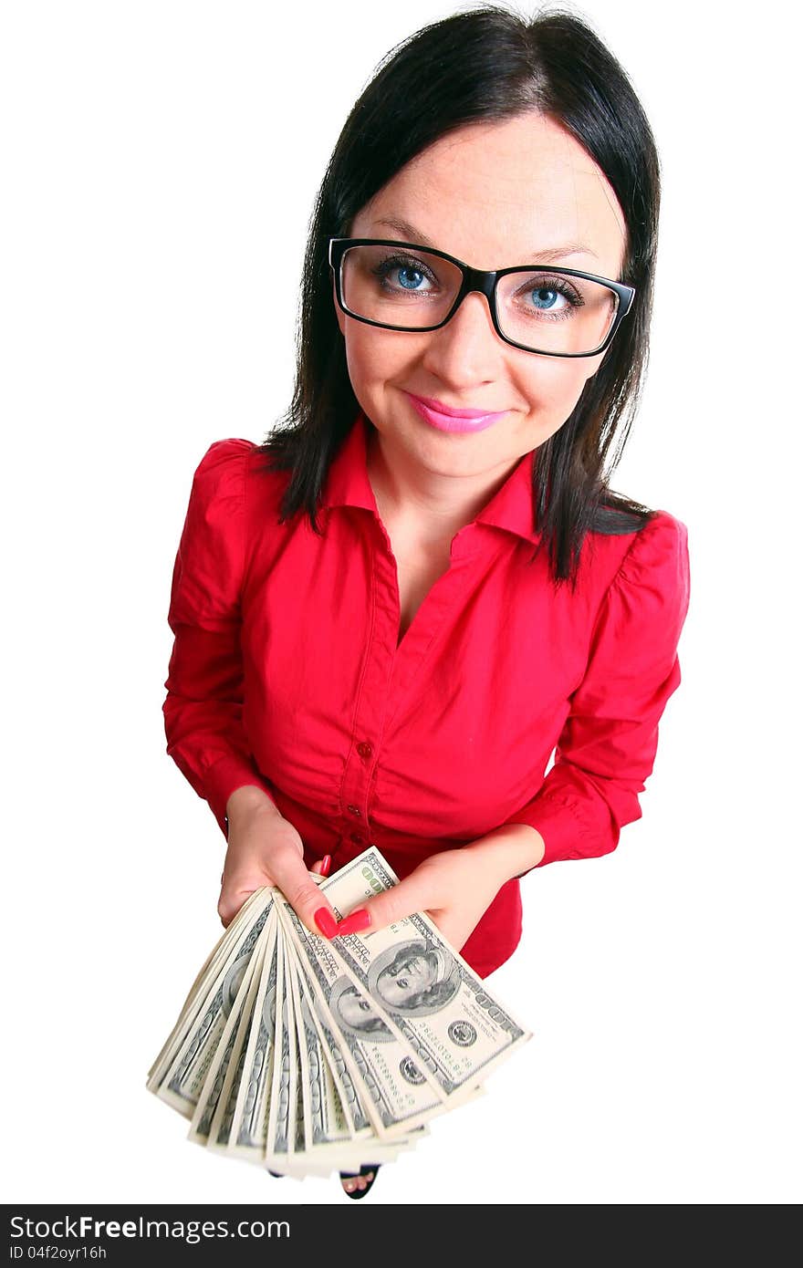 Brunette girl with money isolated background