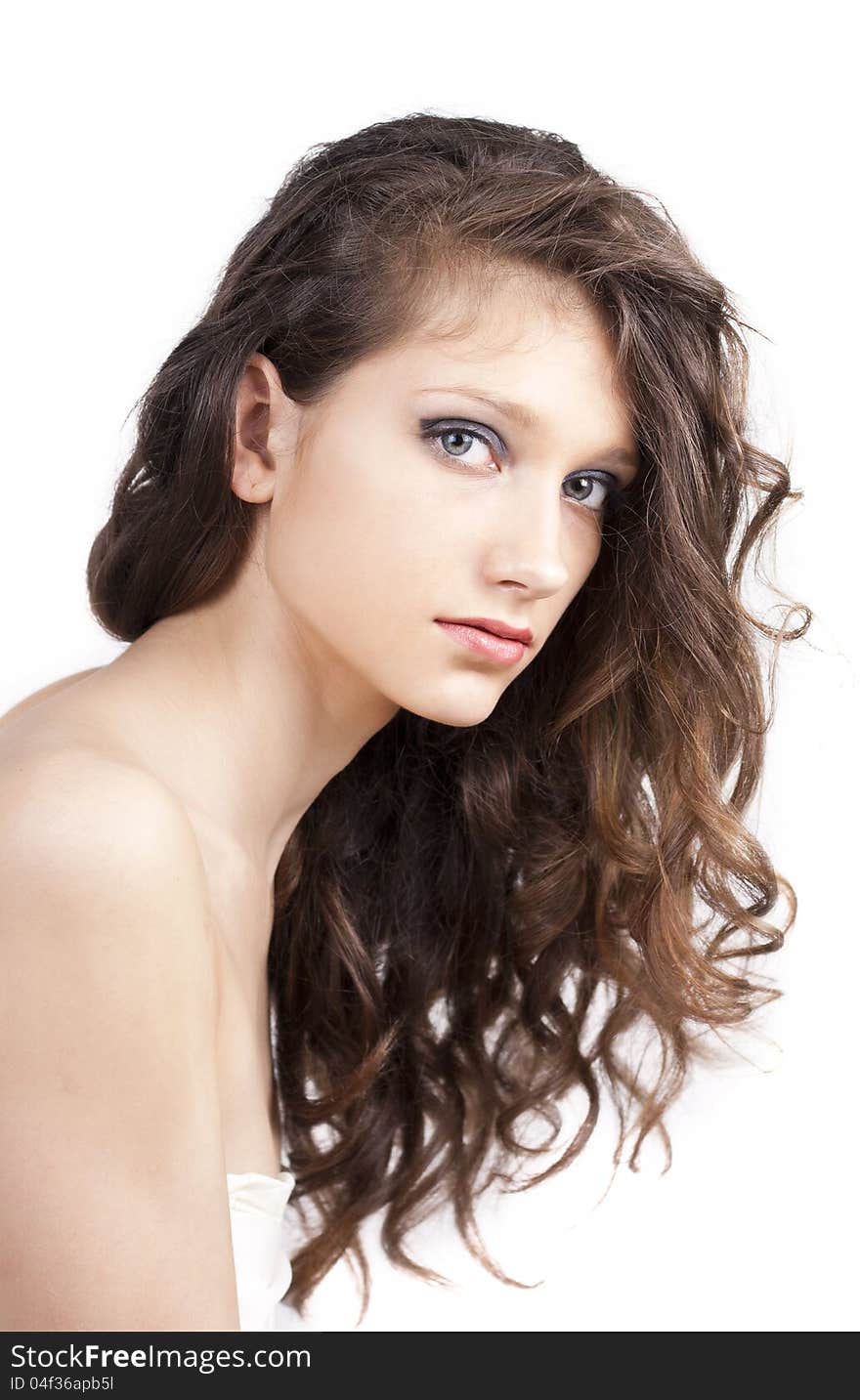 Portrait of lovely young woman with curly hair isolated on white background, close up. Portrait of lovely young woman with curly hair isolated on white background, close up