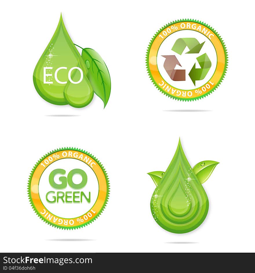 Eco green drops and emblems set isolated