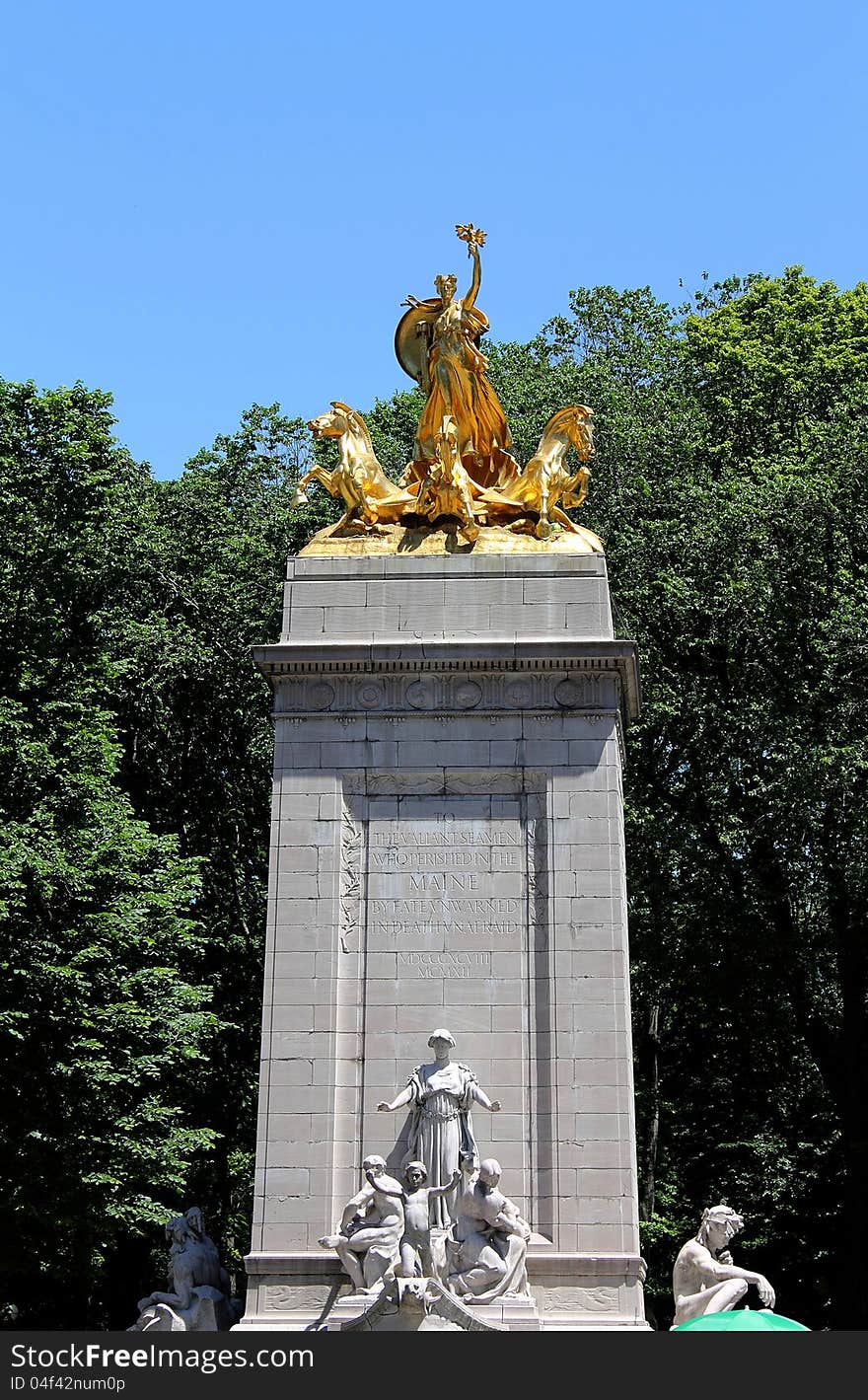 A statue dedicated to the seamen that lst their lives in the Maine, located at the lower west side corner of Central Park New York City. A statue dedicated to the seamen that lst their lives in the Maine, located at the lower west side corner of Central Park New York City