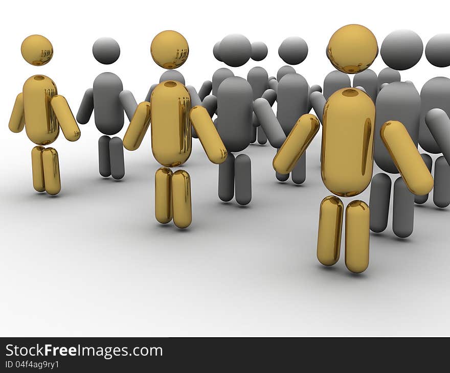 A 3d illustration rendering of a gold cartoon man leading many cartoon men on a white background. A 3d illustration rendering of a gold cartoon man leading many cartoon men on a white background