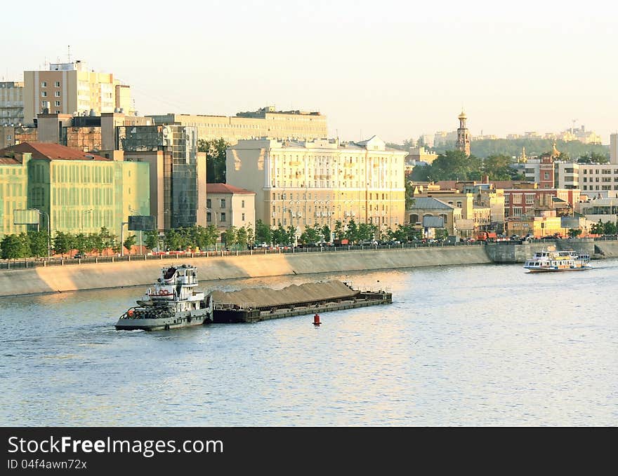 View of the Moscow River in the spring evening. View of the Moscow River in the spring evening