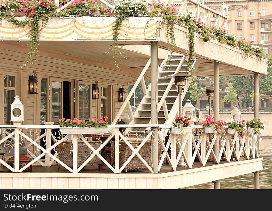 Restaurant, designed as a vessel fast to the pier. Restaurant, designed as a vessel fast to the pier