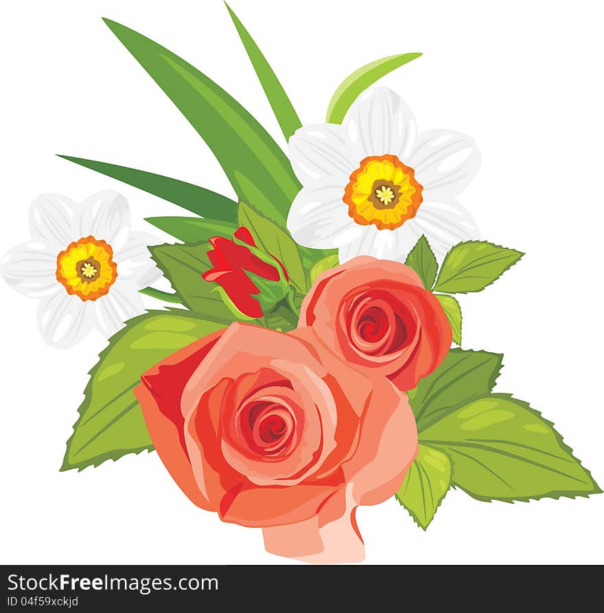 Roses and daffodils. Festive bouquet. Illustration