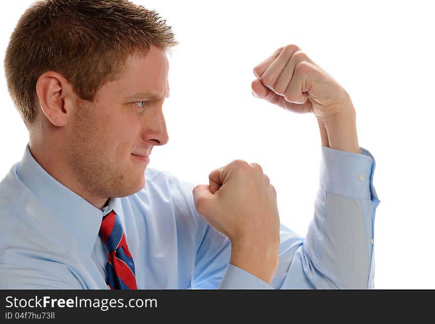 Young Businessman showing fists and ready to fight isolated on a white background