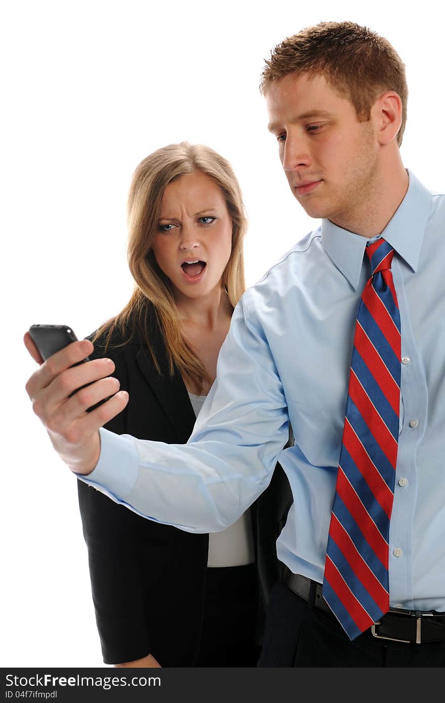 Young Businesspeople with cell phone isolated on a white background