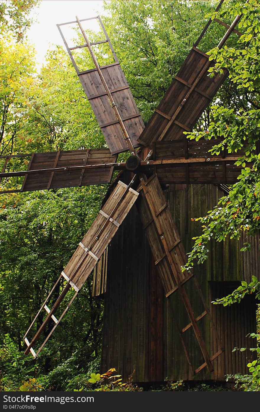 Wooden Windmill facade of the 15th century (folk style of Hutsul, Carpathian mountains, Ukraine)