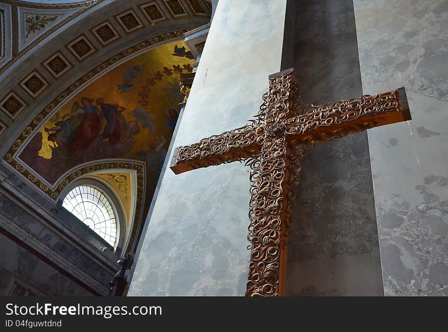 Part of christian crucifix inside esztergom cathedral