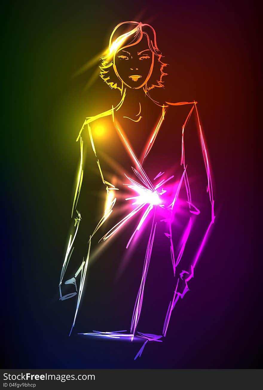 Hand-drawn fashion model from a neon. A light girl