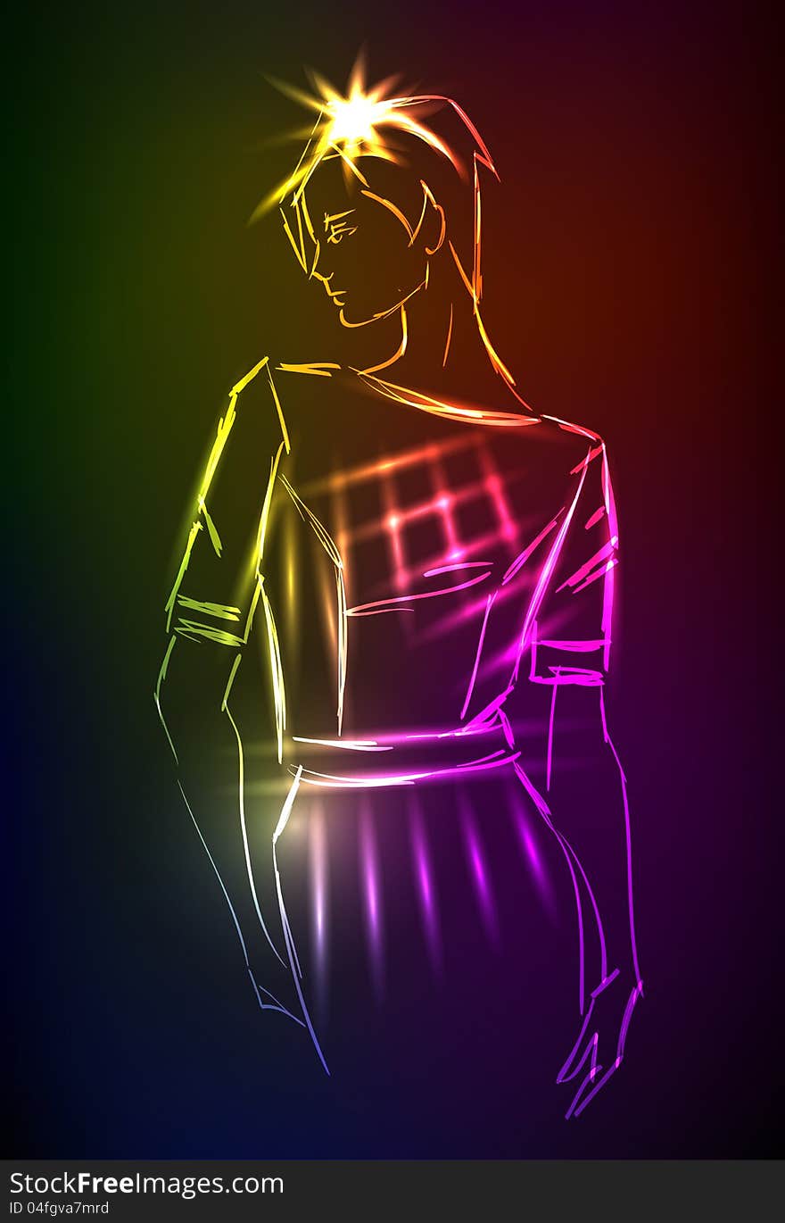 Hand-drawn fashion model from a neon. A light girl