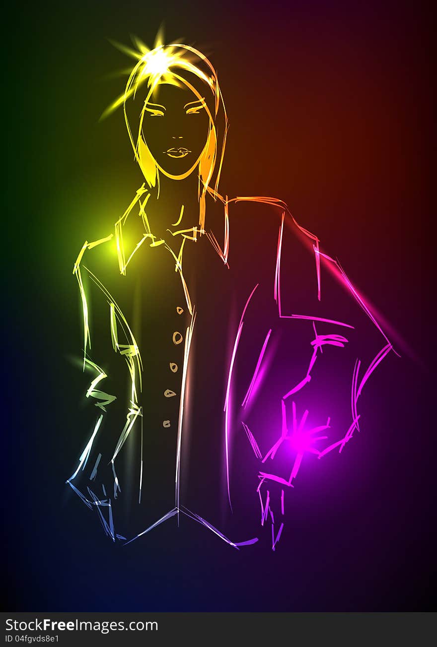 Hand-drawn fashion model from a neon. A light girl