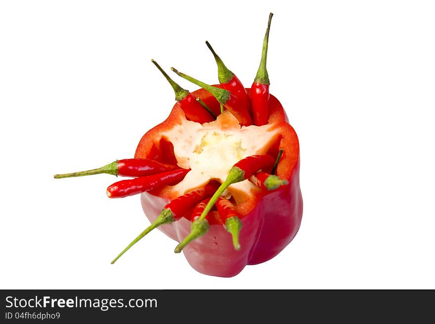 Red chili in red pepper isolated on white